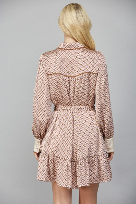 GEO PRINT SATIN TIE WAIST BUTTON DOWN SHIRT DRESS