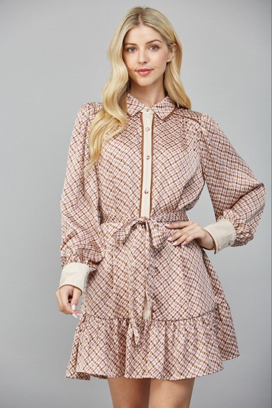 GEO PRINT SATIN TIE WAIST BUTTON DOWN SHIRT DRESS
