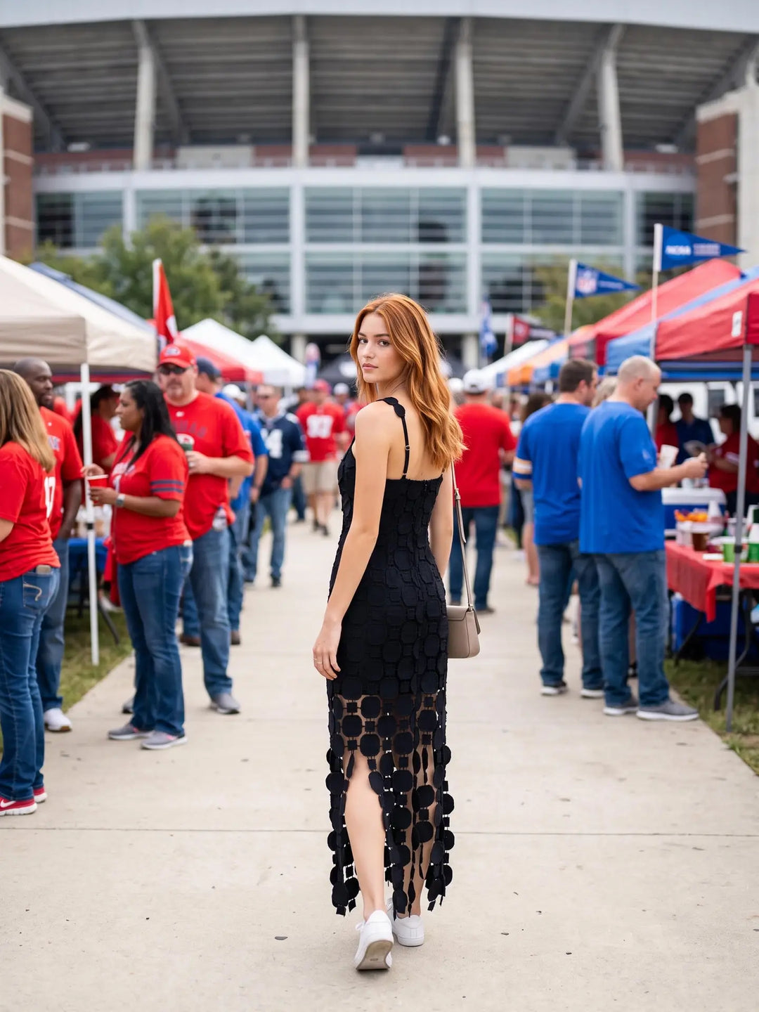 3D LACE FRINGE HEM BODYCON MIDI DRESS