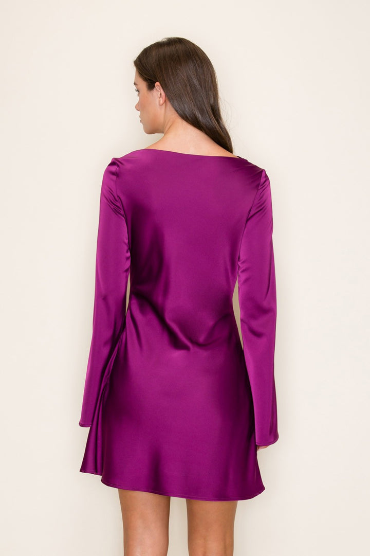 COWL NECK DETAIL BELL LONG SLEEVE BIAS MINI DRESS
