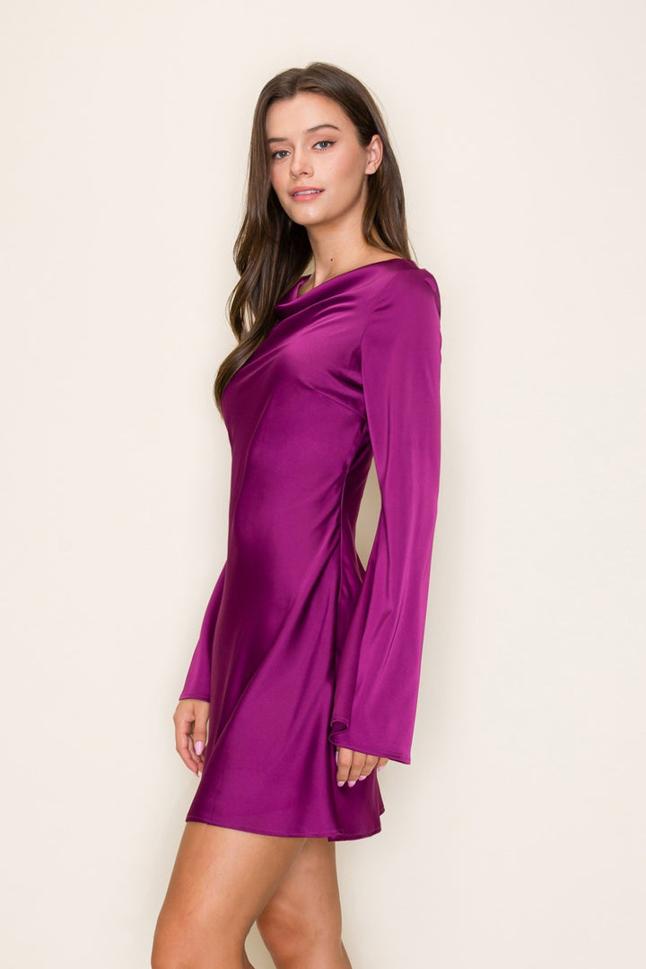 COWL NECK DETAIL BELL LONG SLEEVE BIAS MINI DRESS