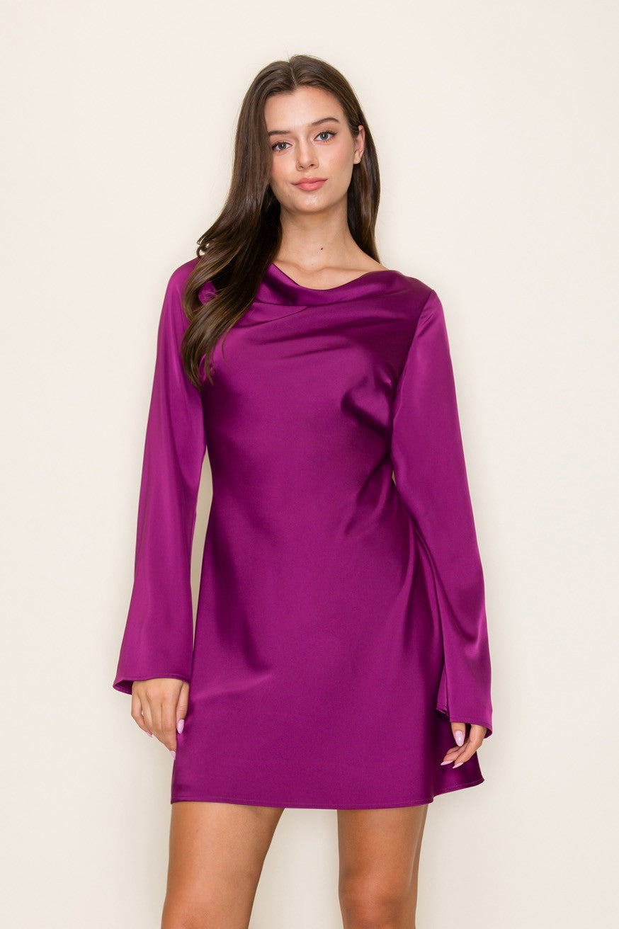 COWL NECK DETAIL BELL LONG SLEEVE BIAS MINI DRESS