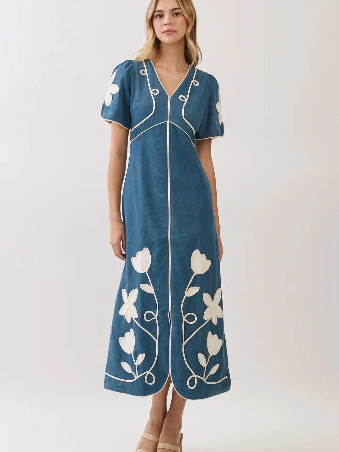 FLORAL APPLIQUE CONTRAST TRIM MIDI DRESS