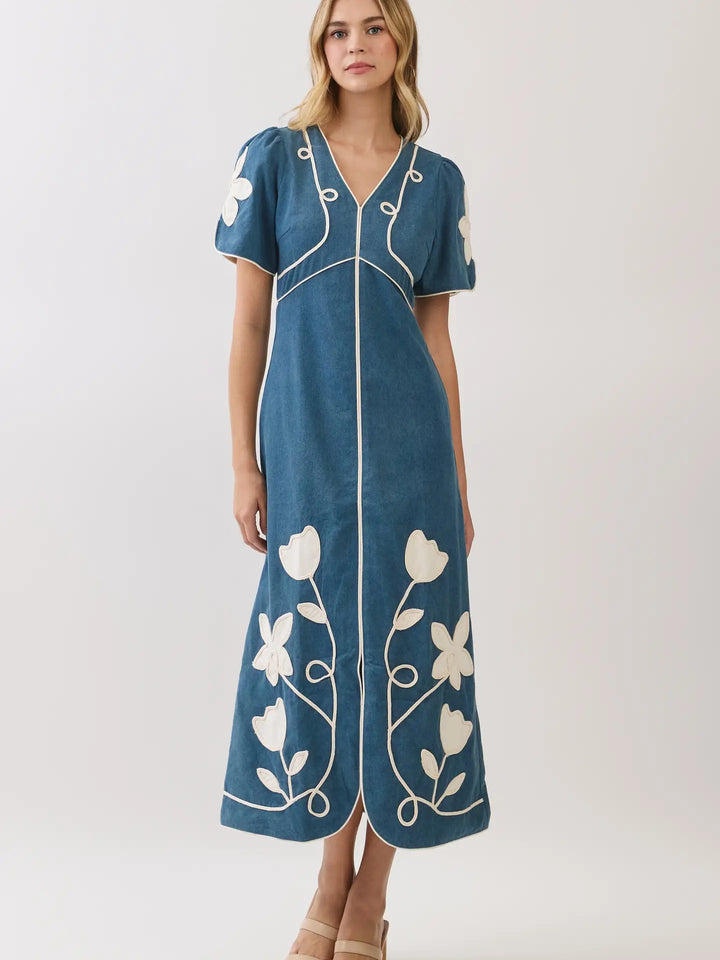 FLORAL APPLIQUE CONTRAST TRIM MIDI DRESS