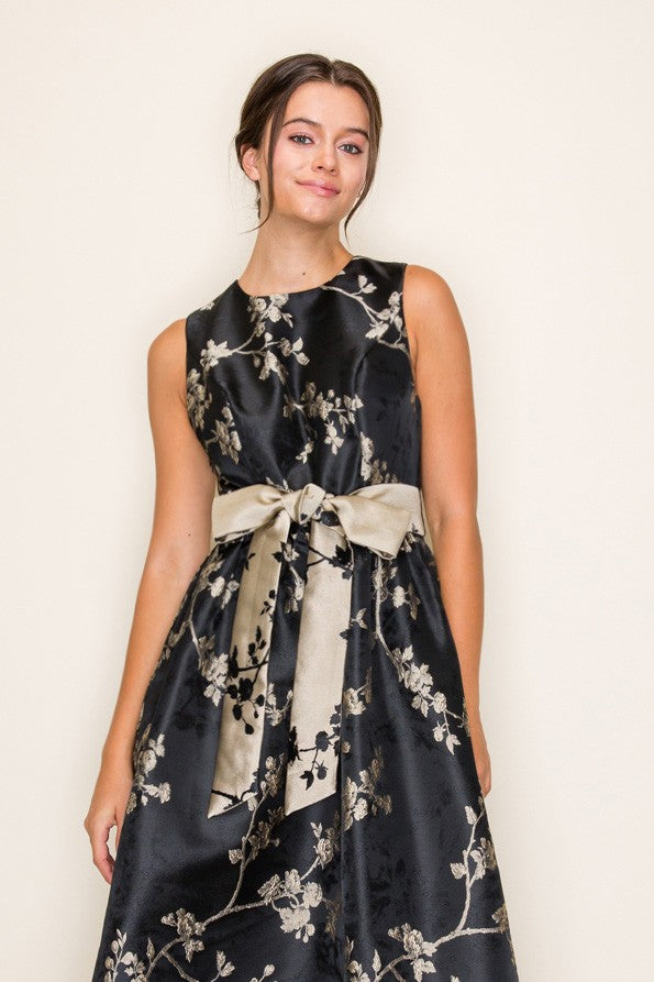 FIT &amp; FLARE WITH BOW WAIST FLORAL JACQUARD MIDI DRESS