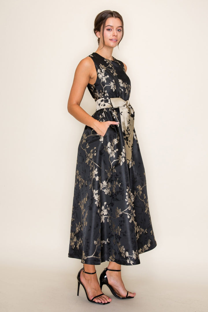 FIT &amp; FLARE WITH BOW WAIST FLORAL JACQUARD MIDI DRESS