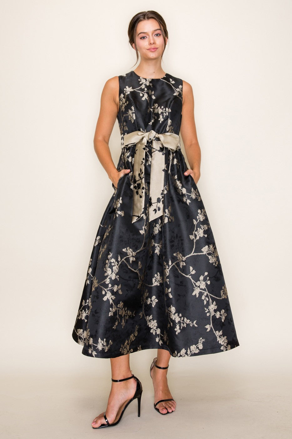 FIT &amp; FLARE WITH BOW WAIST FLORAL JACQUARD MIDI DRESS