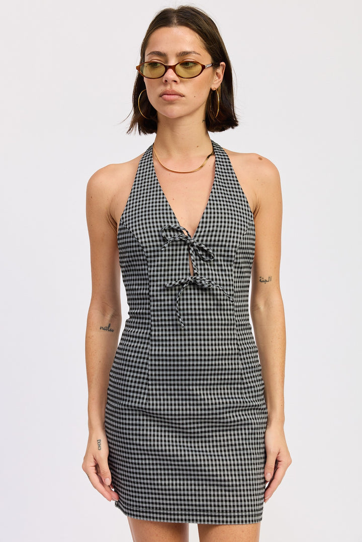 GINGHAM HALTER MINI DRESS