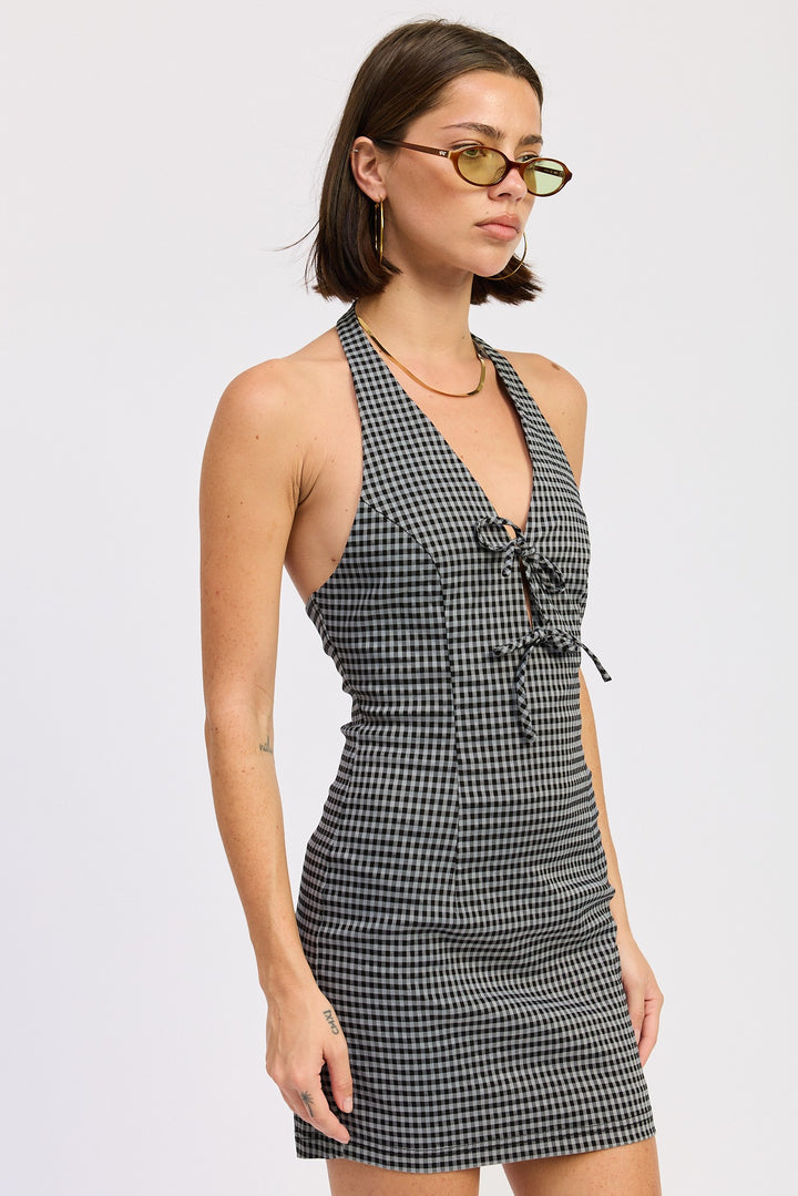 GINGHAM HALTER MINI DRESS