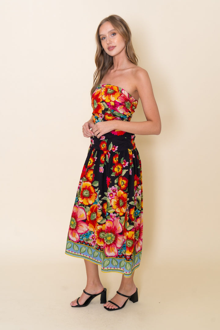CHIC FLORAL STRAPLESS MAXI DRESS