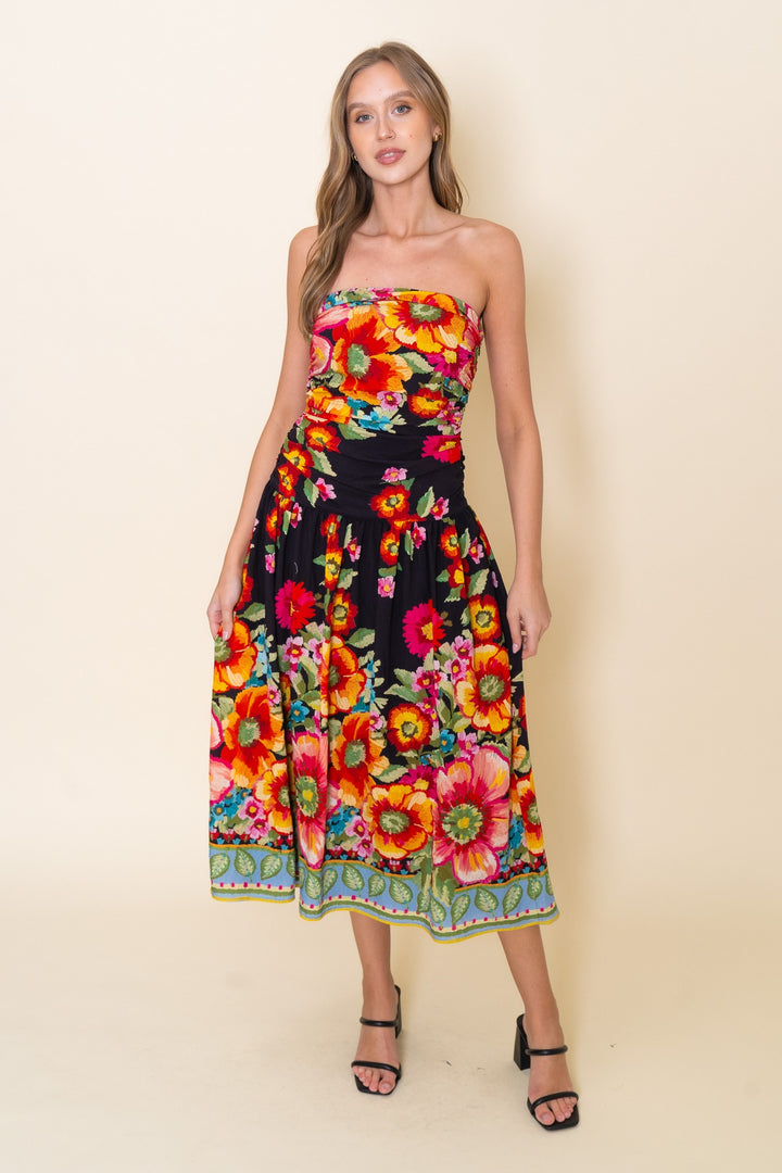 CHIC FLORAL STRAPLESS MAXI DRESS