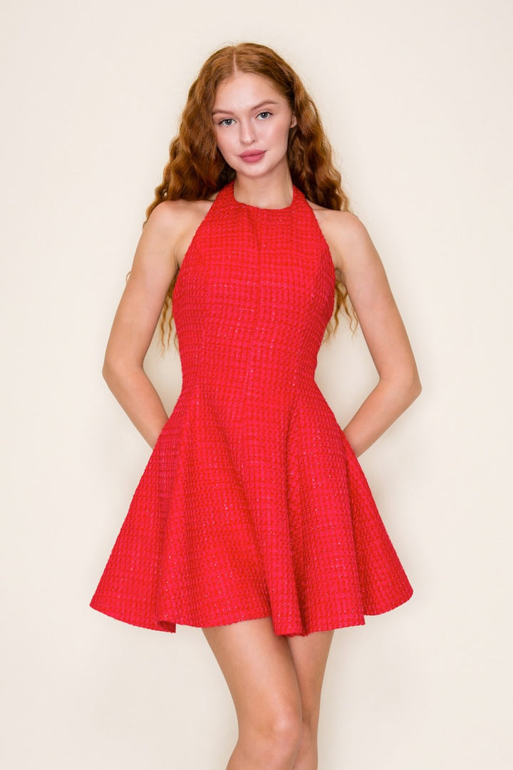 SEQUIN TWEED HALTER NECK FIT AND FLARE MINI DRESS