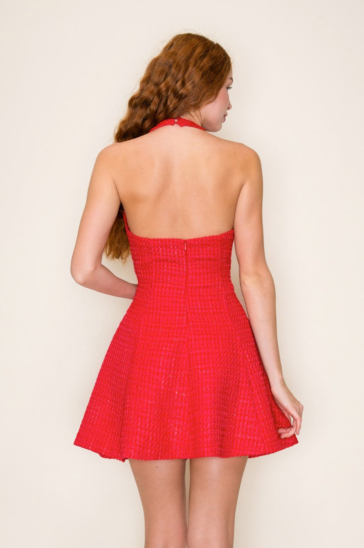 SEQUIN TWEED HALTER NECK FIT AND FLARE MINI DRESS