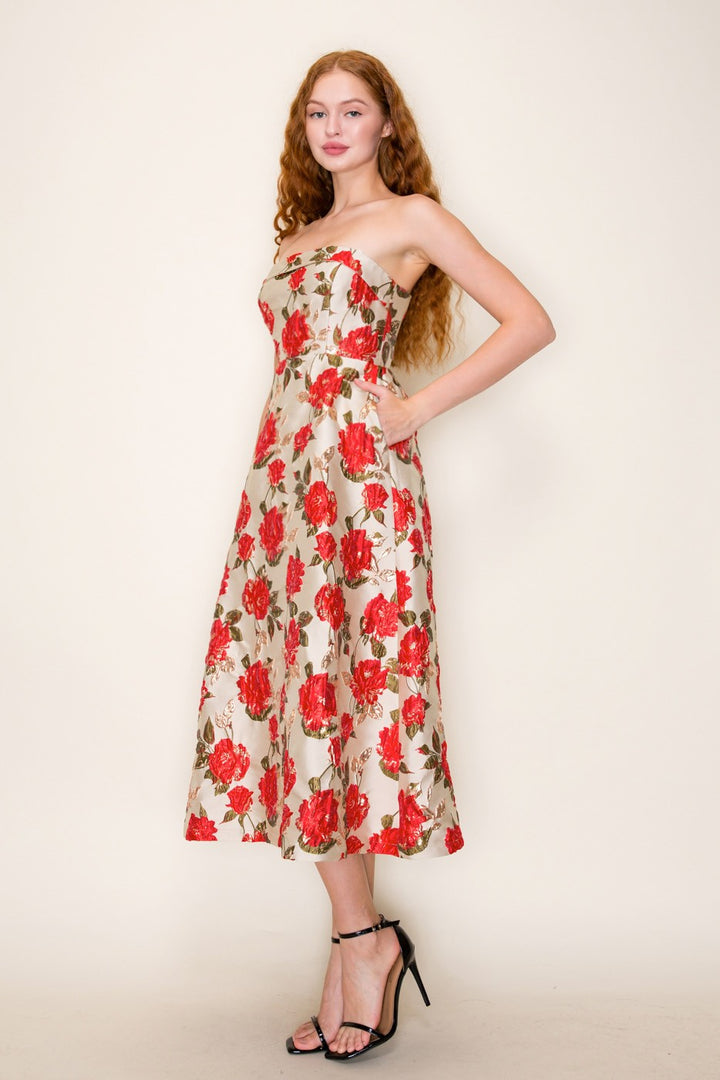 GOLD ROSE JACQUARD TUBE MIDI DRESS