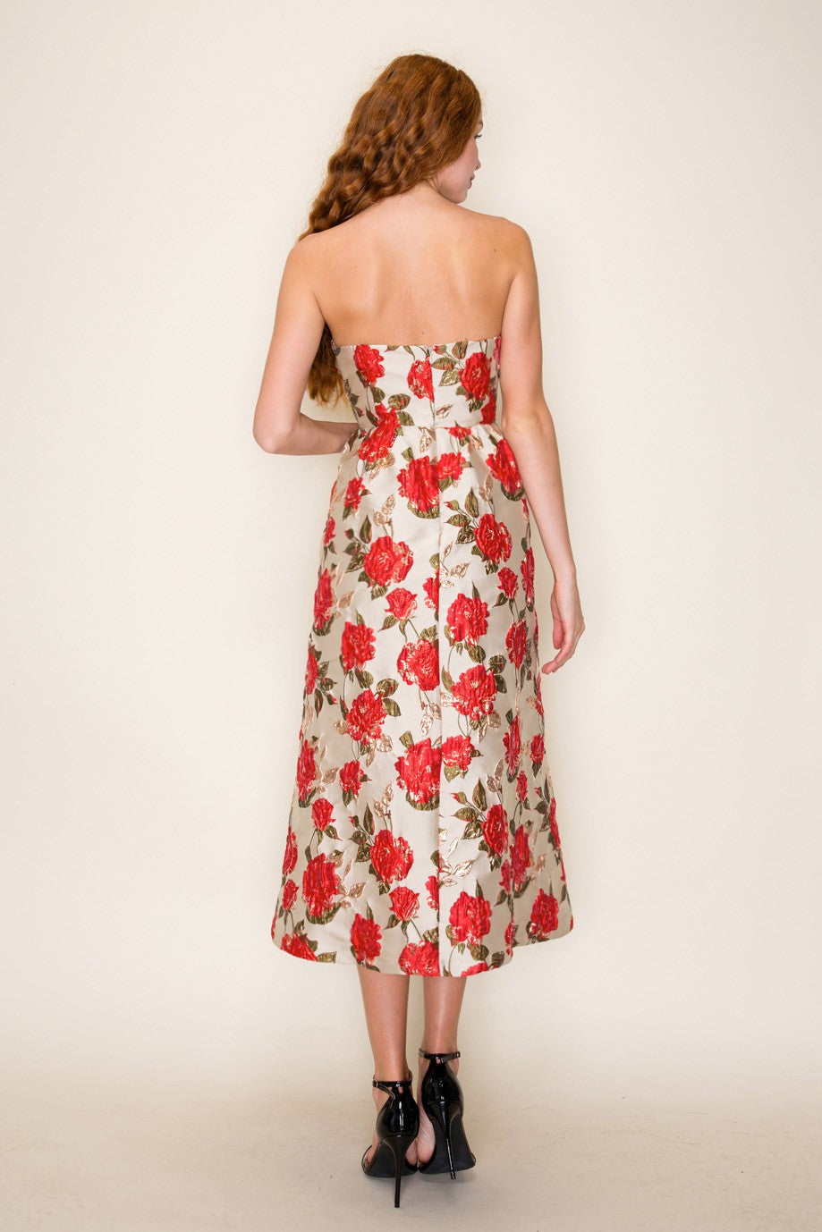 GOLD ROSE JACQUARD TUBE MIDI DRESS