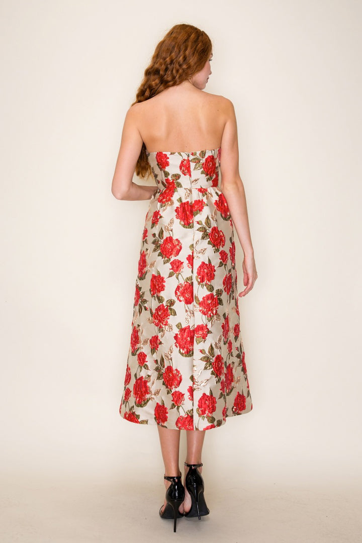 GOLD ROSE JACQUARD TUBE MIDI DRESS