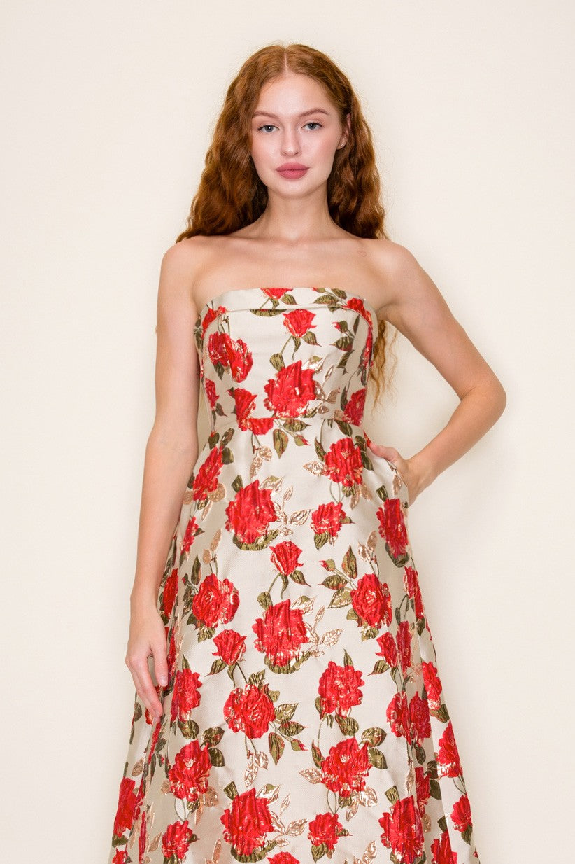 GOLD ROSE JACQUARD TUBE MIDI DRESS