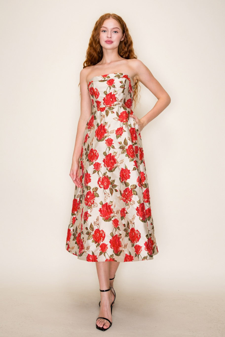 GOLD ROSE JACQUARD TUBE MIDI DRESS