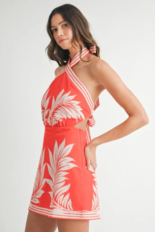 PLACEMENT PRINT HALTER NECK MINI DRESS - TOMATO RED / Medium / MD5446 PLACEMENT PRINT HALTER NECK MINI DRESS - TOMATO RED / Medium / MD5446
