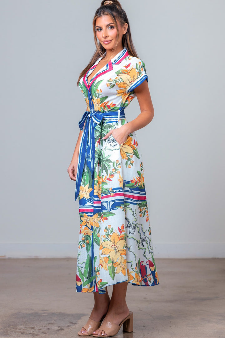 PRINTED COLLAR MIDI DRESS WITH TIED BELT