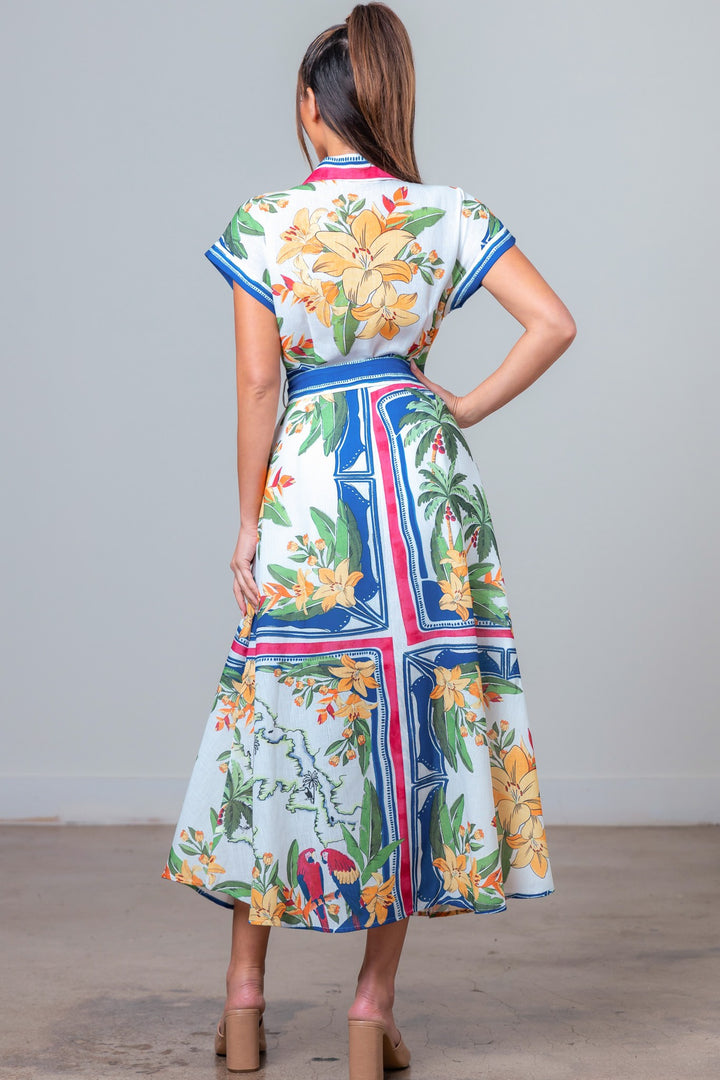 PRINTED COLLAR MIDI DRESS WITH TIED BELT