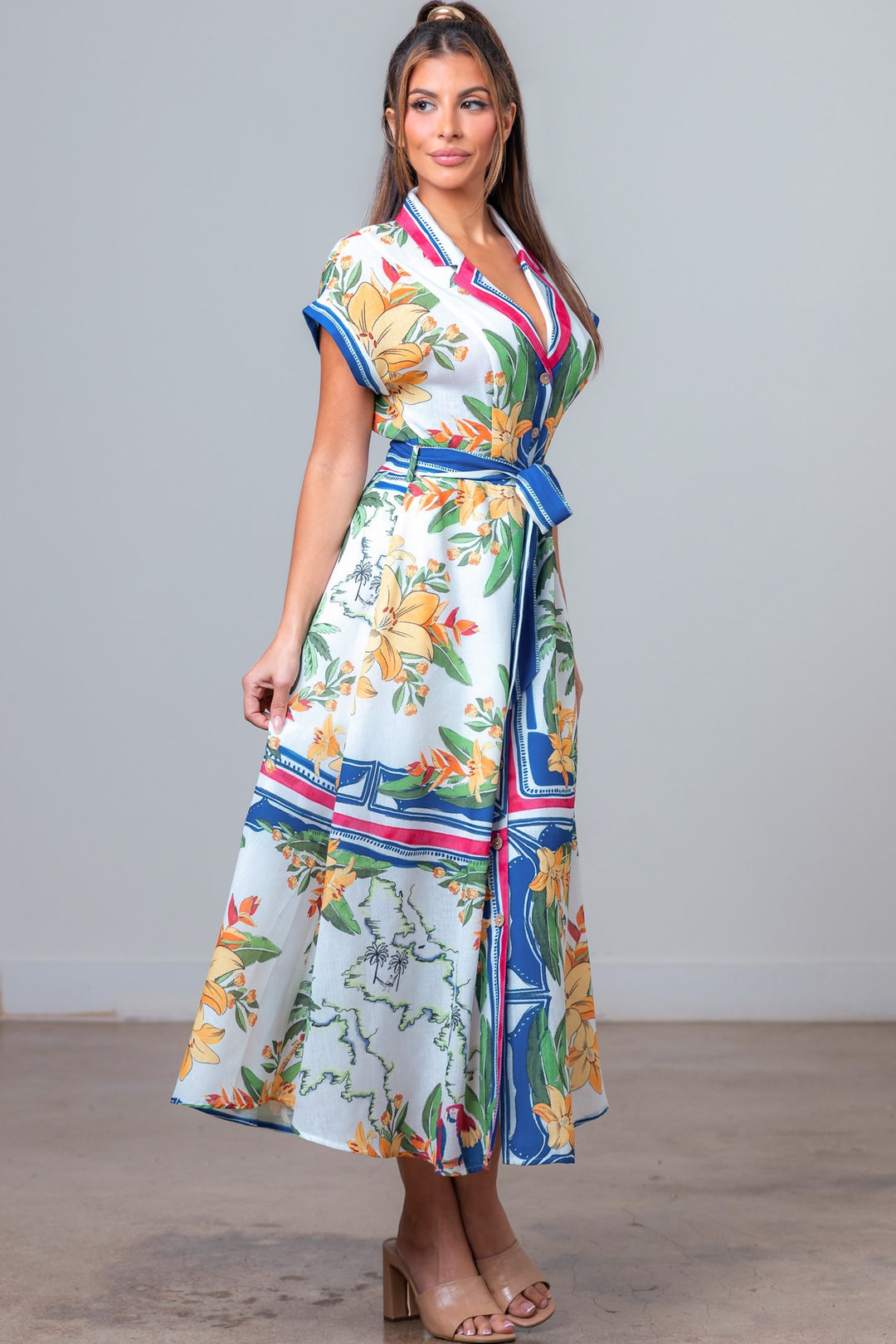 PRINTED COLLAR MIDI DRESS WITH TIED BELT