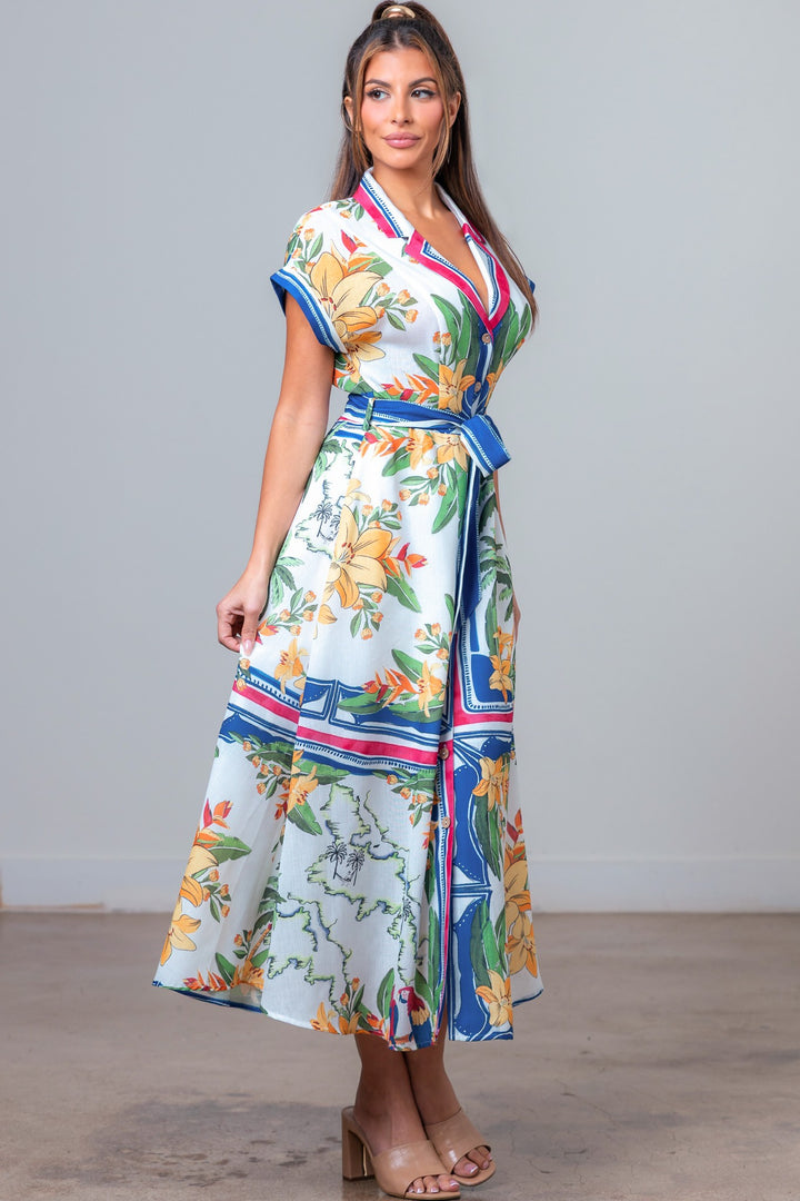 PRINTED COLLAR MIDI DRESS WITH TIED BELT