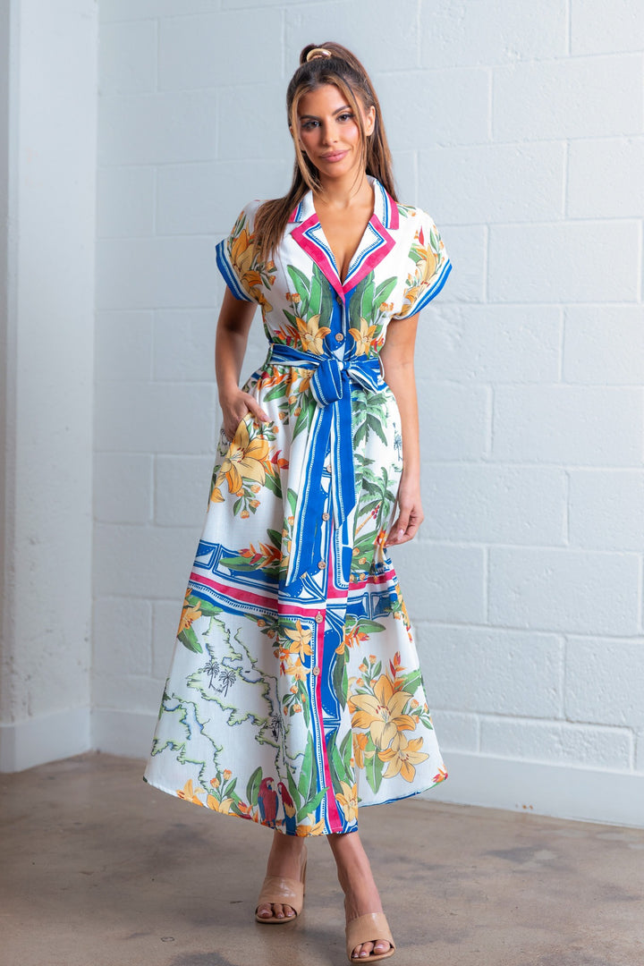 PRINTED COLLAR MIDI DRESS WITH TIED BELT