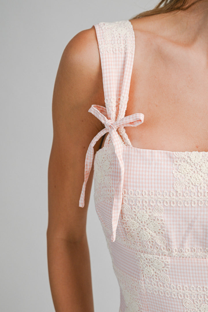GINGHAM LACE BOW STRAP MINI DRESS
