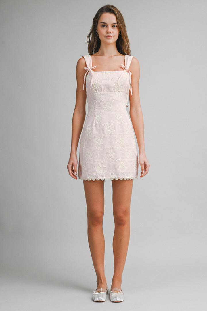 GINGHAM LACE BOW STRAP MINI DRESS