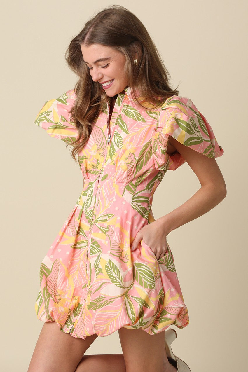 ADDISON TROPICAL PUFF SLEEVE MINI DRESS