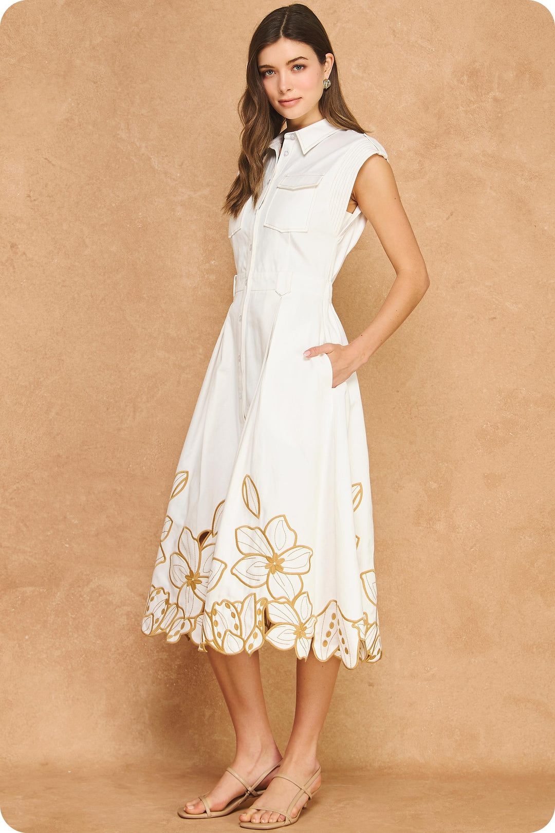 FLORAL CUT-OUT EMBROIDERY TWILL MIDI SHIRT DRESS