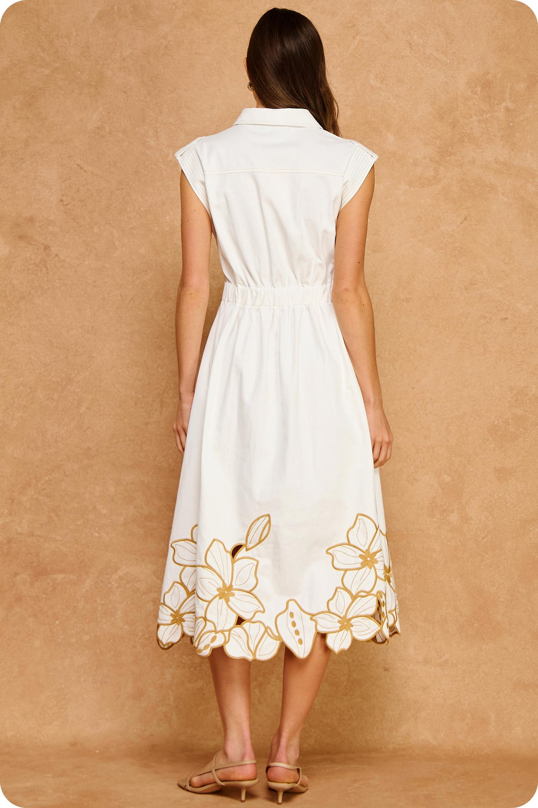 FLORAL CUT-OUT EMBROIDERY TWILL MIDI SHIRT DRESS