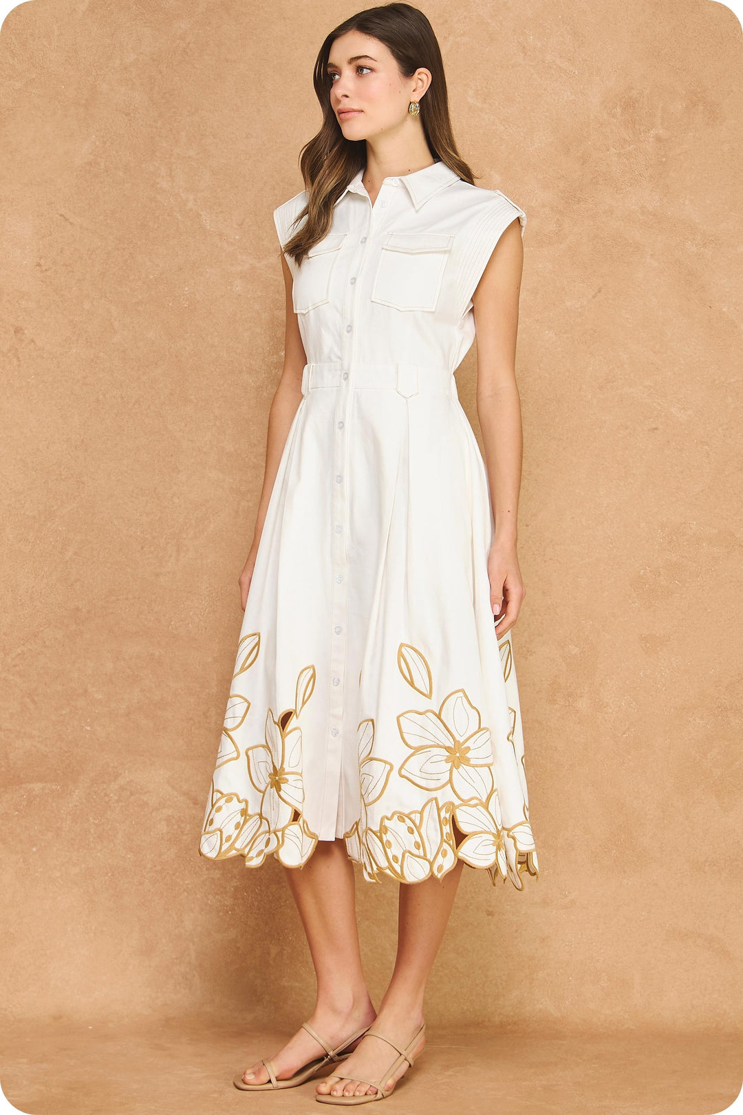 FLORAL CUT-OUT EMBROIDERY TWILL MIDI SHIRT DRESS