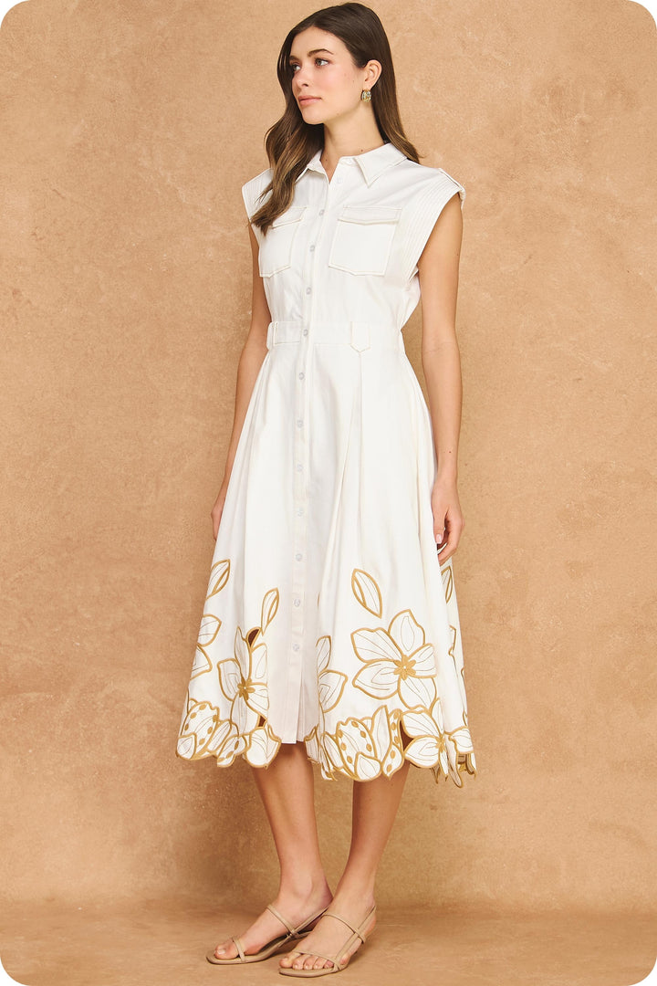 FLORAL CUT-OUT EMBROIDERY TWILL MIDI SHIRT DRESS