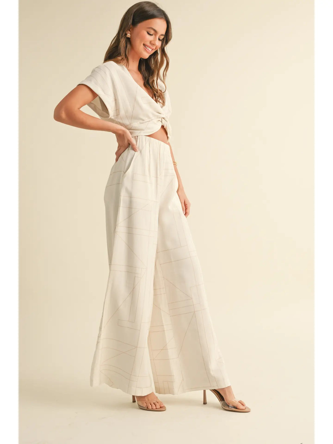 MULTI GRID PATTERN KNT FRONT TOP & WIDE LEG PANTS SET