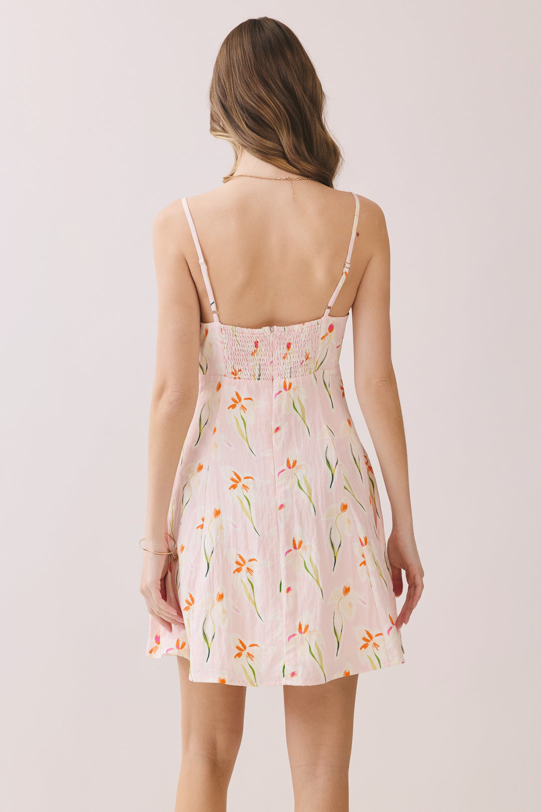 FLORAL PRINT FIT &amp; FLARE BACK SMOCKED MINI DRESS