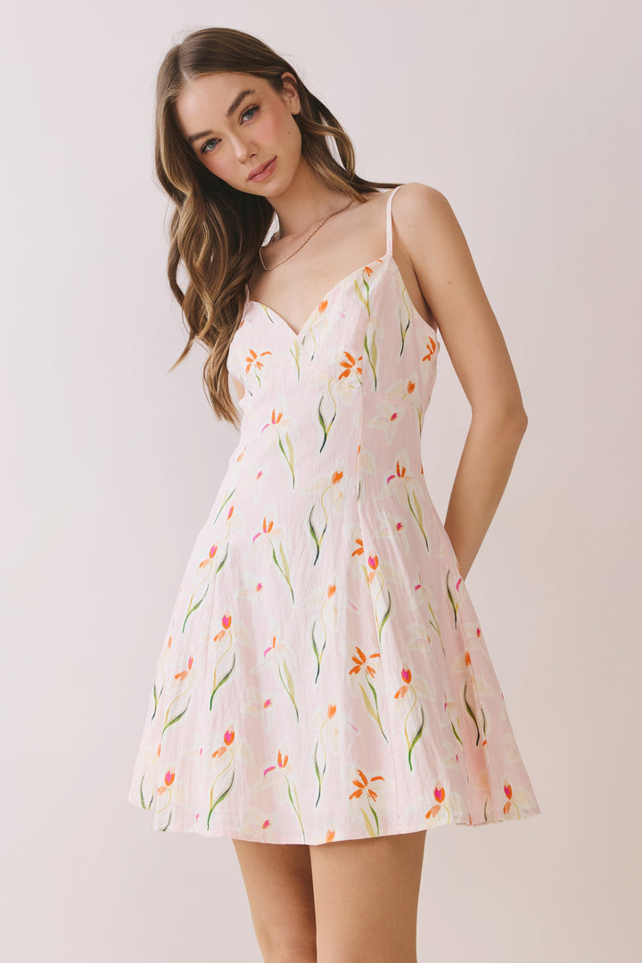 FLORAL PRINT FIT &amp; FLARE BACK SMOCKED MINI DRESS