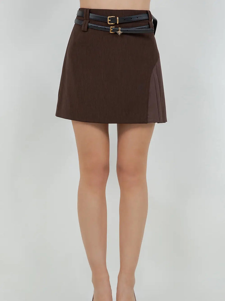CONTRAST PLEATING DOUBLE BELT LOOP MINI SKIRT