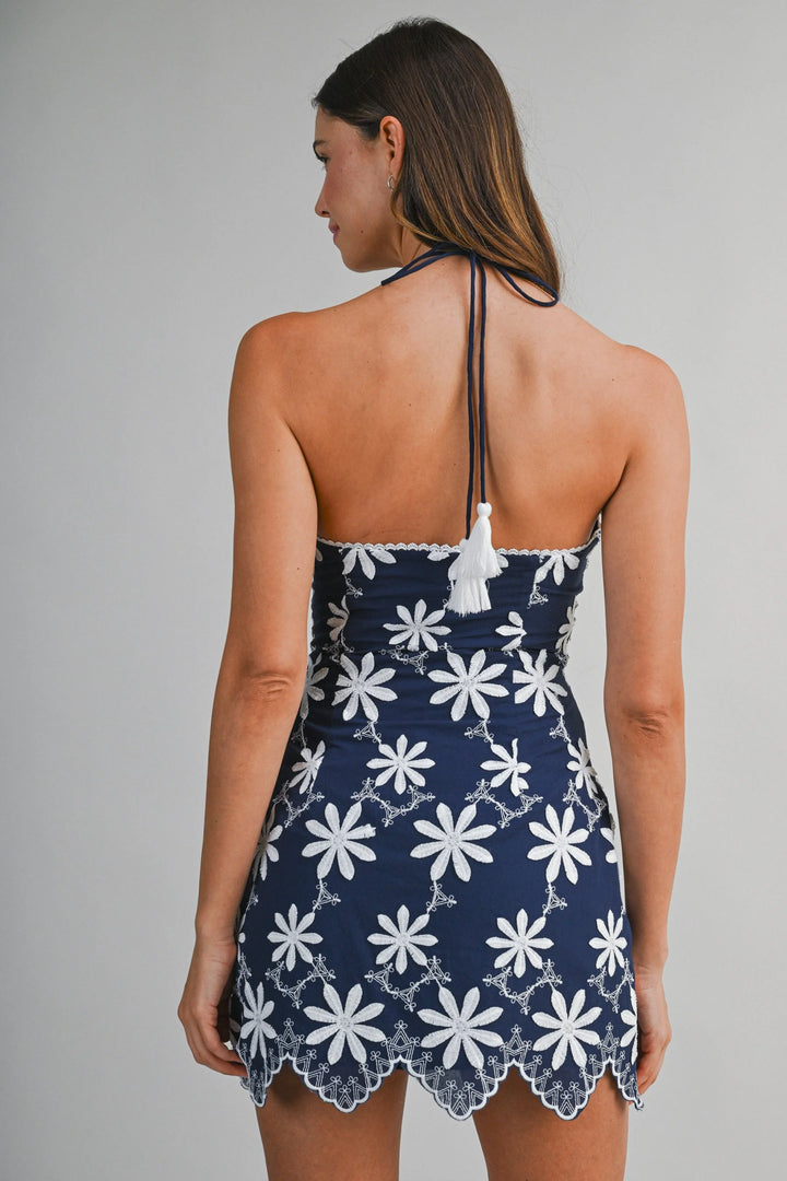 EMBROIDERED SCALLOP HEM HALTER NECK MINI DRESS