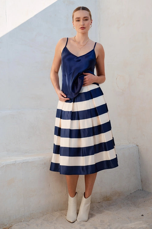 COLOR BLOCK PUFF PLEATED SLEEK MIDI SKIRT