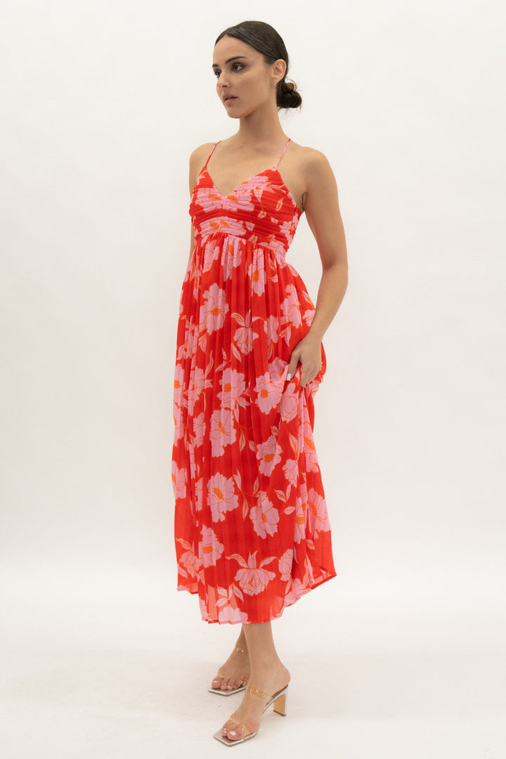 PLEATED STRAPPY MIDI DRESS