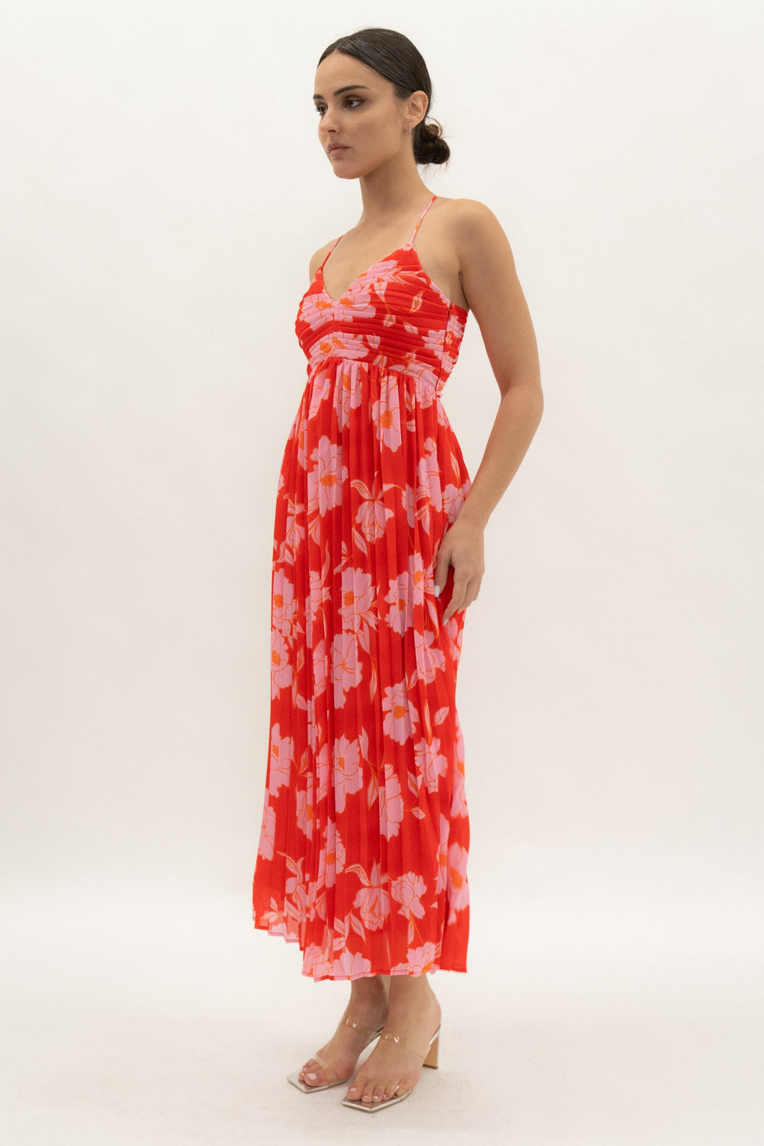PLEATED STRAPPY MIDI DRESS