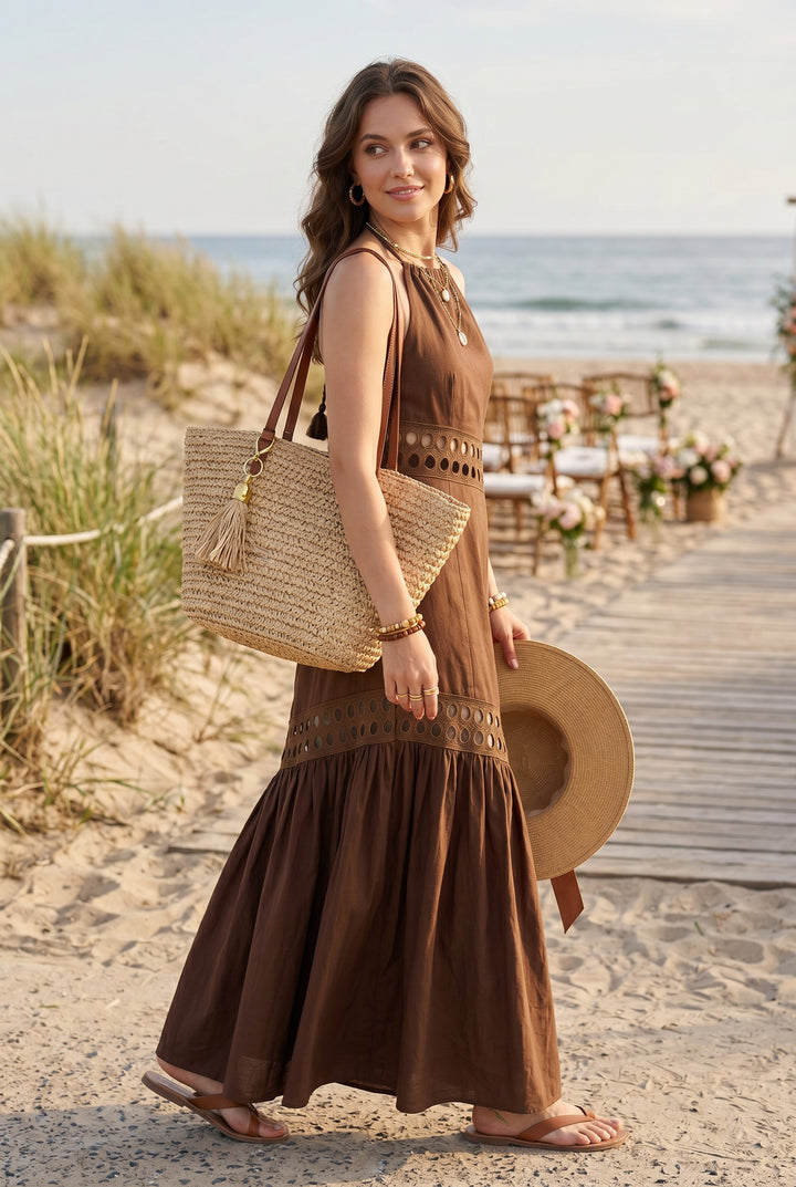 CUTWORK LACE TRIMMED HALTER MAXI DRESS