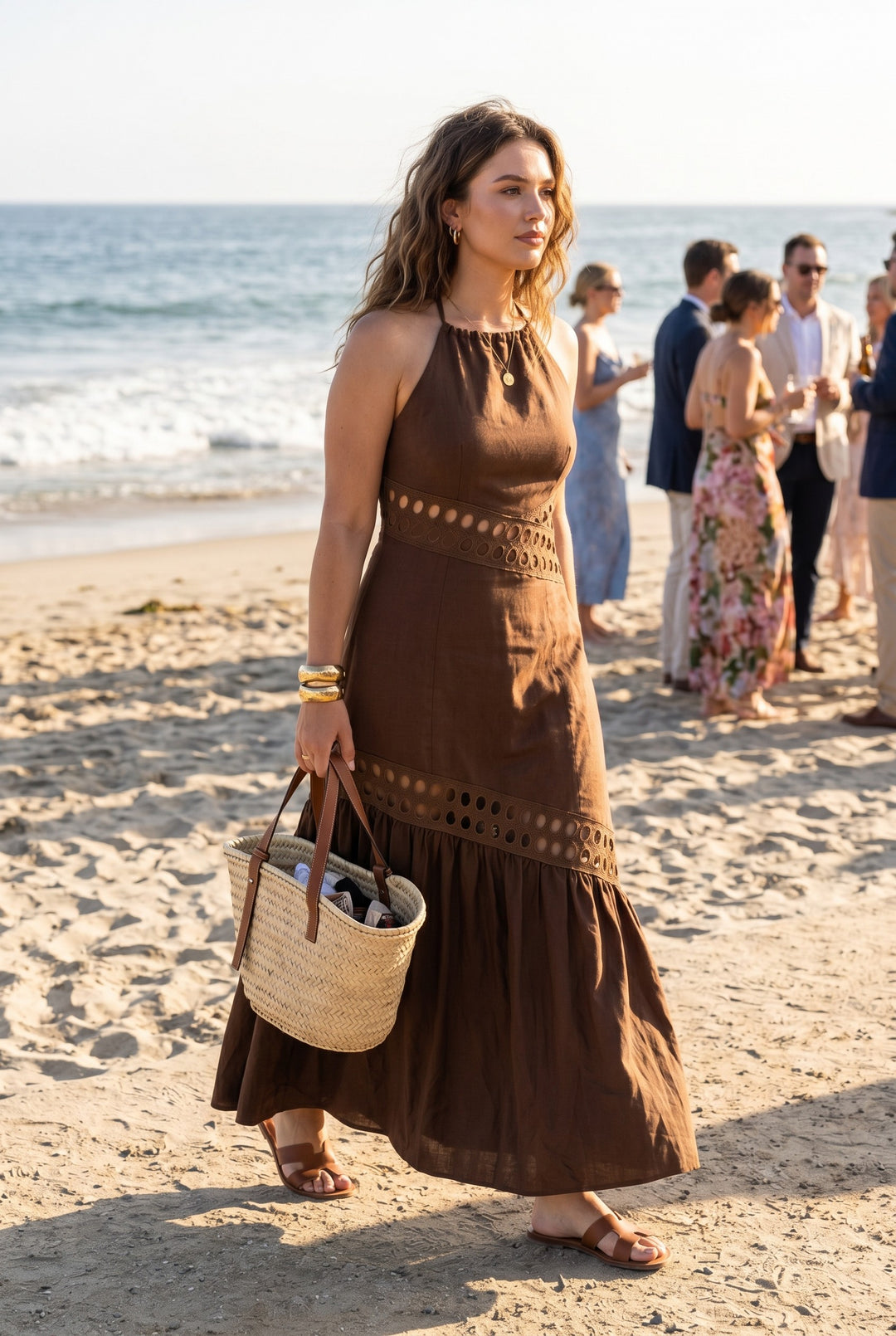 CUTWORK LACE TRIMMED HALTER MAXI DRESS