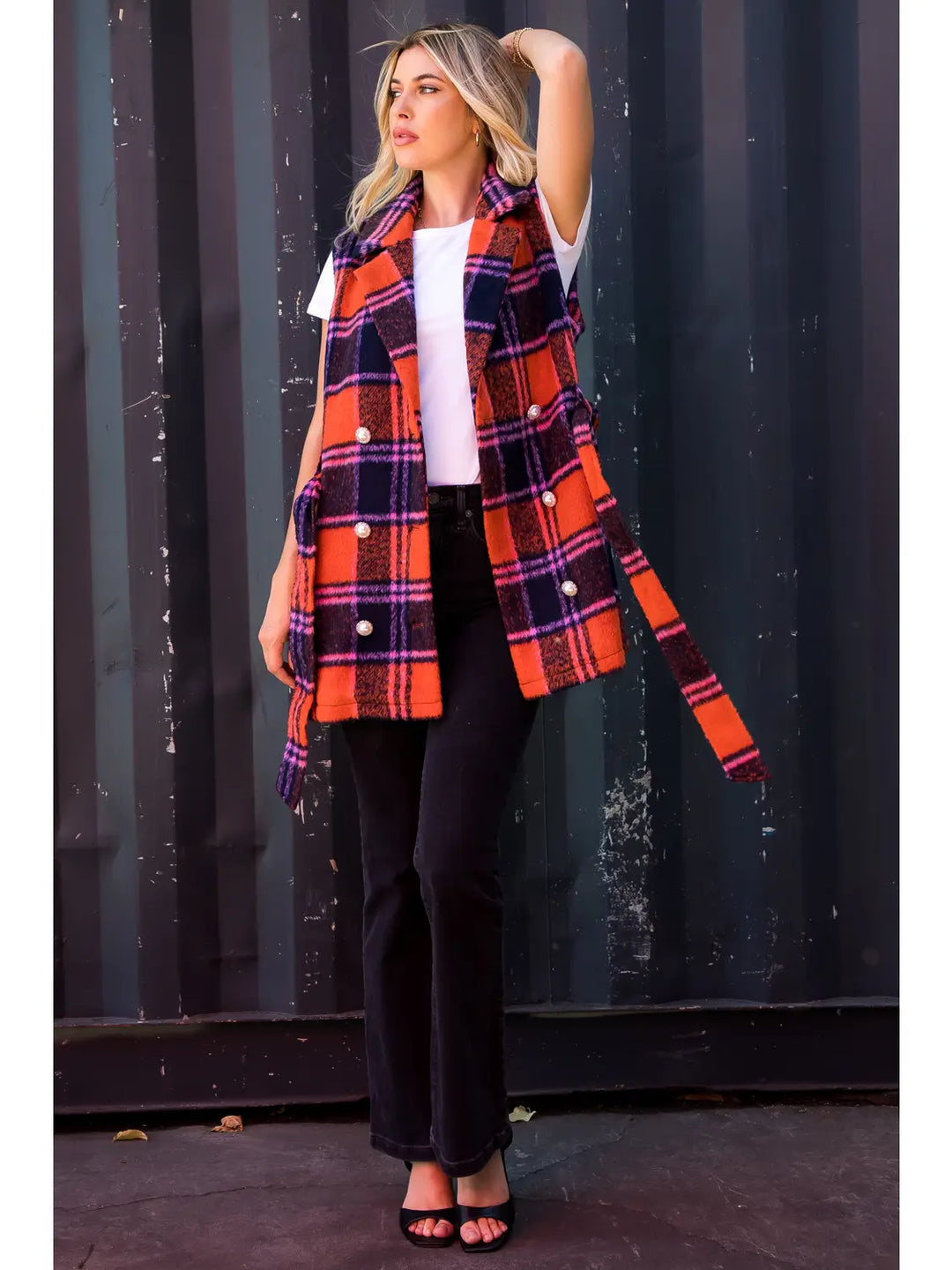 BRUSHED PLAID DOUBLE BREASTED VEST