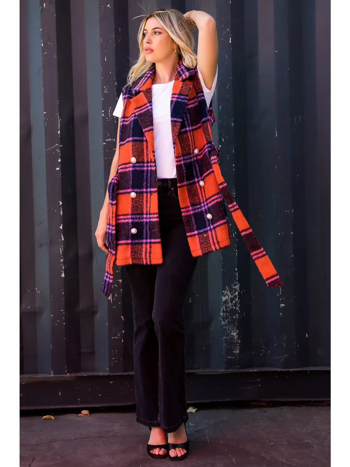 BRUSHED PLAID DOUBLE BREASTED VEST