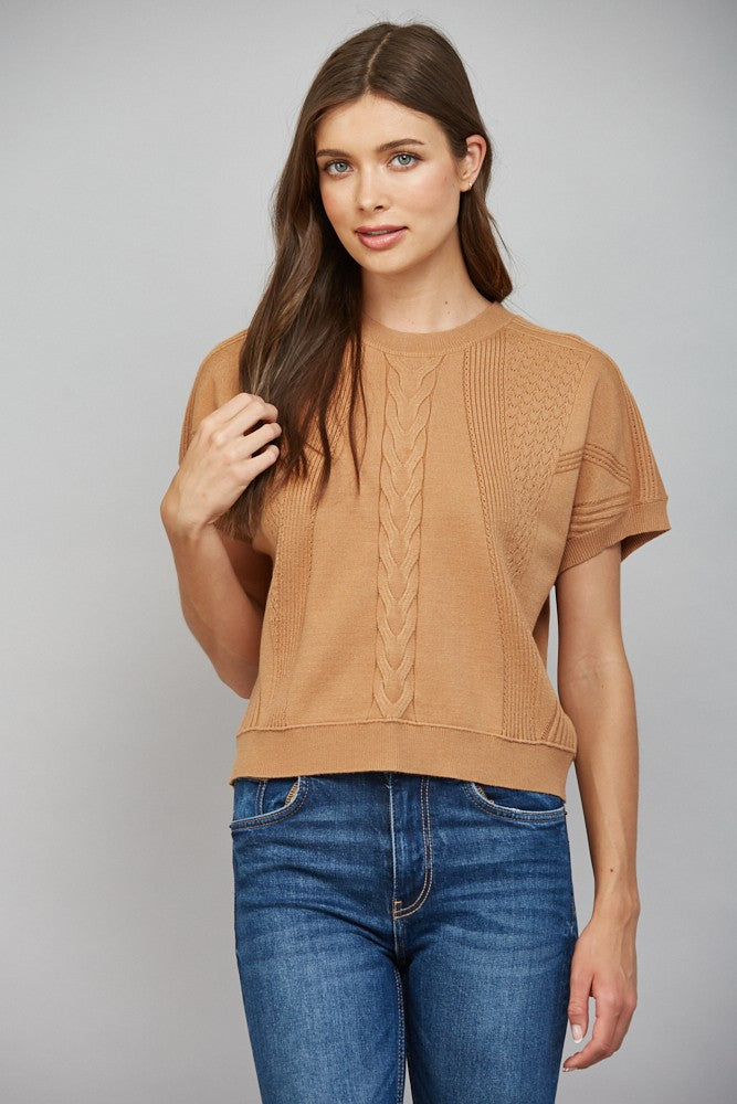 MIXED KNIT SHORT SLEEVE SWEATER