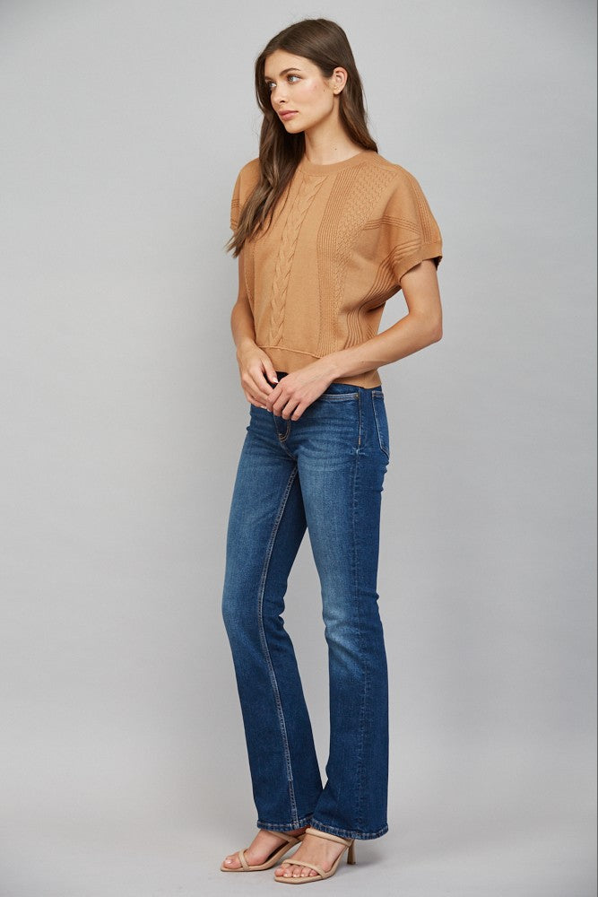 MIXED KNIT SHORT SLEEVE SWEATER