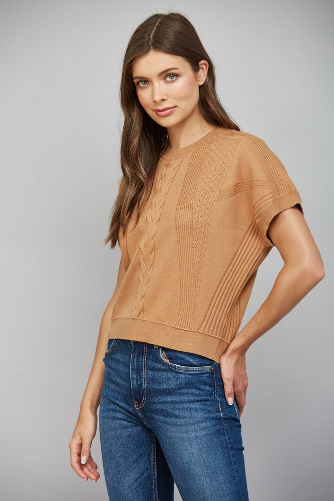 MIXED KNIT SHORT SLEEVE SWEATER